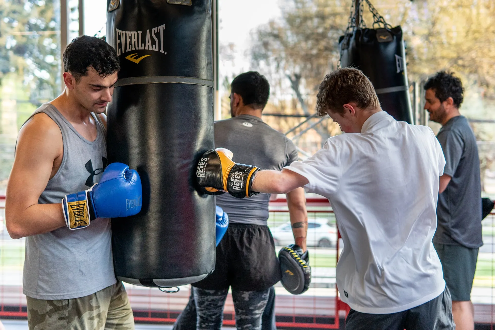 Alumnos golpean y sujetan sacos durante un entrenamiento de boxeo en un gimnasio con ventanales